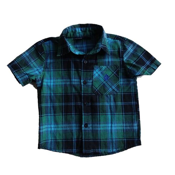 Swiss Cross Boys 3T Button Up Shirt Short Sleeves Blue Plaid - Picture 1 of 4